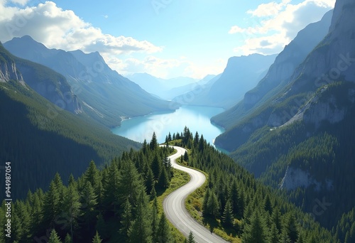 A long, winding road through a mountainous, forested landscape with a lake in the background under a blue sky with scattered clouds