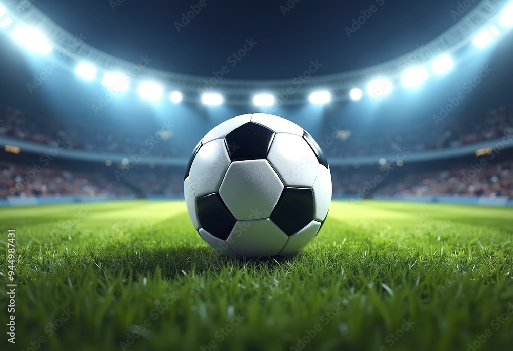 Fototapeta premium A soccer ball on a green field with bright stadium lights in the background