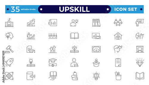 Set of Outline icons related to upskill, upskilling, personal growth, development, education, career. Outline icon collection. Editable stroke outline icon.