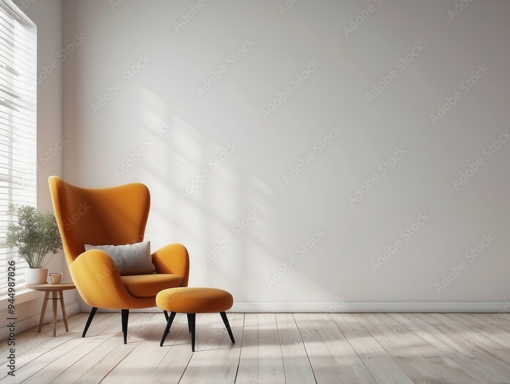 Orange armchair and ottoman in a minimalist living room Orange armchair and ottoman in a minimalist living room
