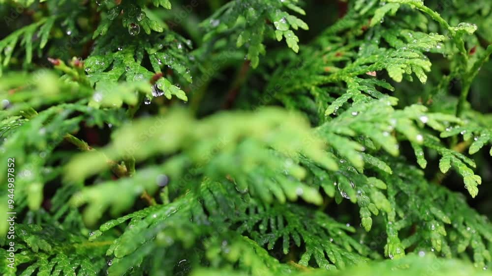 Green leaves of thuja after the rain close up. Camera zoom into the inside of a green plants texture with water drops. Nature outdoor. Botanical background Green leaves of thuja after the rain close up. Camera zoom into the inside of a green plants texture with water drops. Nature outdoor. Botanical background