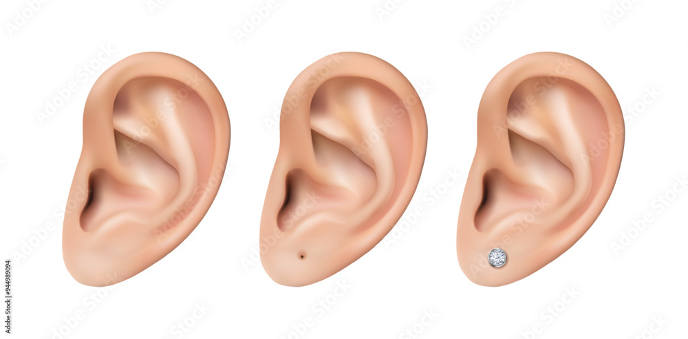 Fototapeta premium 3d realistic vector icon set. Human ears. Piersed ear or with diamond earring stood.