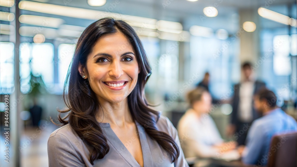Hispanic woman smiling in a blurred office setting, with copy space, with empty space, no text, no word, no character, --no logo --no letters --no text, no watermark, --no words Hispanic woman smiling in a blurred office setting, with copy space, with empty space, no text, no word, no character, --no logo --no letters --no text, no watermark, --no words