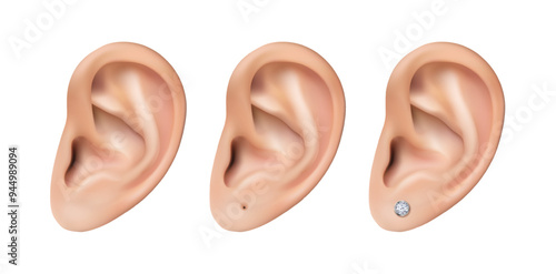 3d realistic vector icon set. Human ears. Piersed ear or with diamond earring stood.