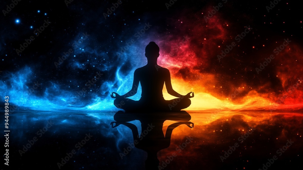 Silhouette of a man sitting in yoga lotus position with colored aura around him. chakras and human energy Silhouette of a man sitting in yoga lotus position with colored aura around him. chakras and human energy