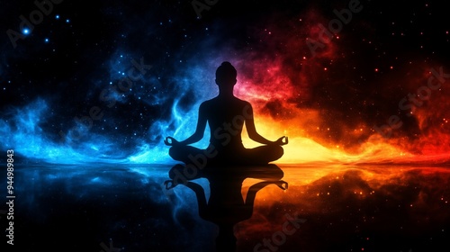 Silhouette of a man sitting in yoga lotus position with colored aura around him. chakras and human energy