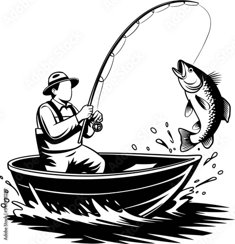 Fishing Man Catching Big Fish Illustration