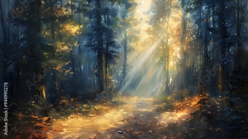 A dreamlike forest scene with sunlight filtering through tall trees, captured in oil painting style, each brushstroke adding depth and texture to the mystical environment