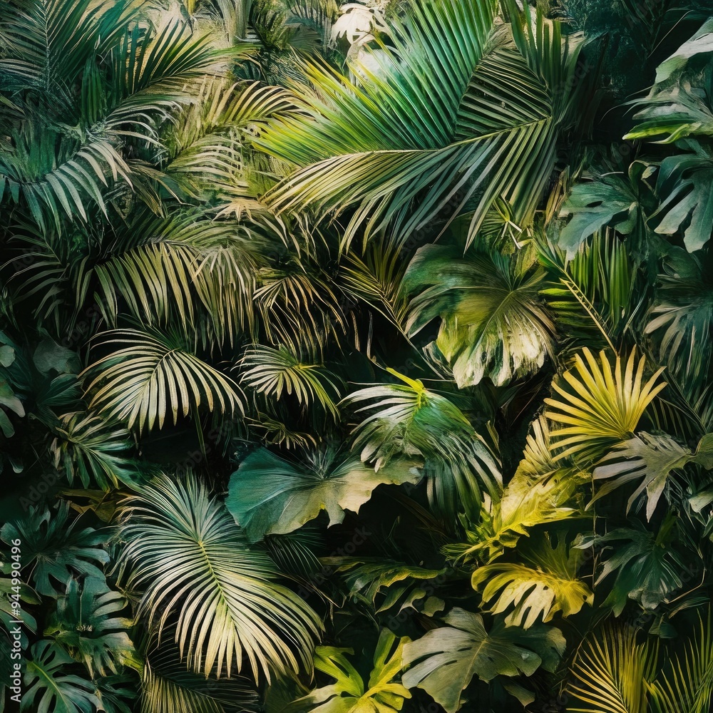 Lush Tropical Foliage With Intricate Palm Leaves and Vibrant Greens Lush Tropical Foliage With Intricate Palm Leaves and Vibrant Greens
