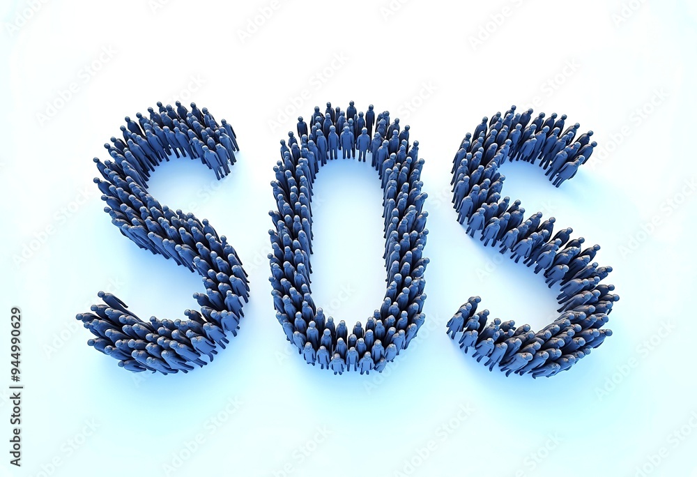 A large crowd of people forming the text SOS against a plain white background, suggesting a call for help or emergency A large crowd of people forming the text SOS against a plain white background, suggesting a call for help or emergency