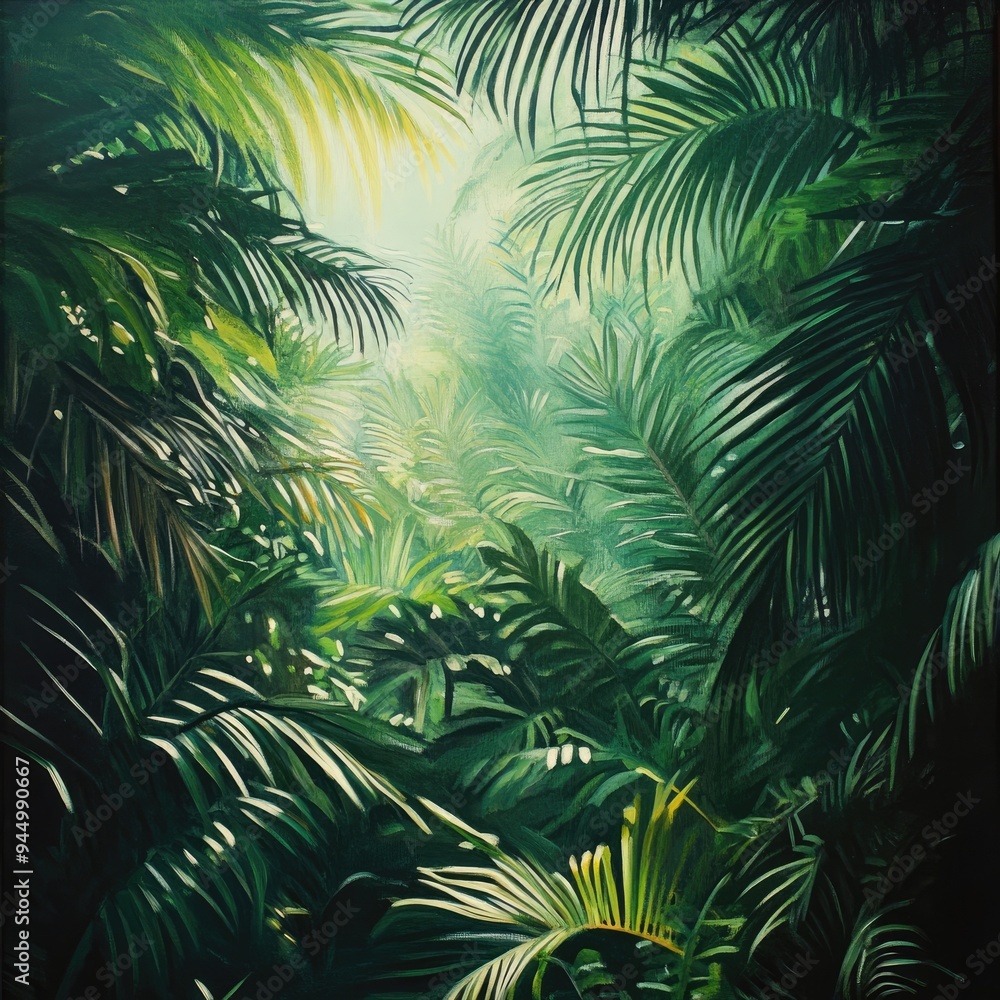 Lush Tropical Jungle Scene with Overlapping Green Foliage Lush Tropical Jungle Scene with Overlapping Green Foliage
