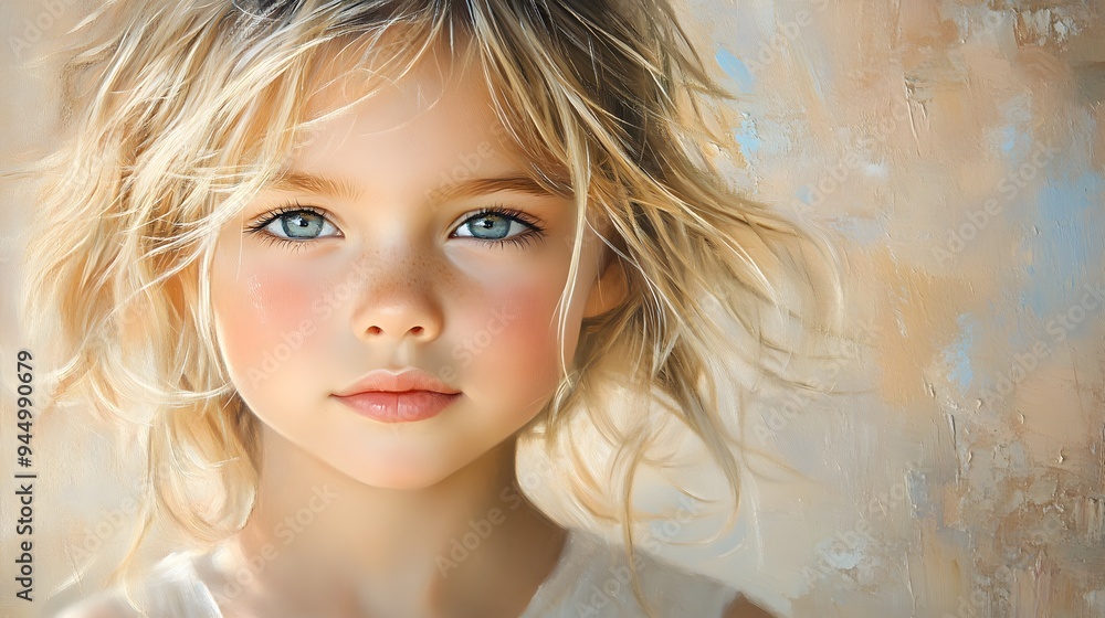 Innocent child's portrait, warm and soft brushstrokes, oil painting style, hand-painted details, capturing wonder, delicate textures, serene expression, realistic yet artistic. Innocent child's portrait, warm and soft brushstrokes, oil painting style, hand-painted details, capturing wonder, delicate textures, serene expression, realistic yet artistic.