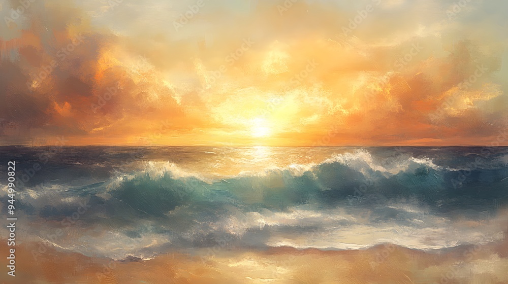 Beach at twilight, warm sunset colors, soft waves, oil on canvas style, hand brush details Beach at twilight, warm sunset colors, soft waves, oil on canvas style, hand brush details