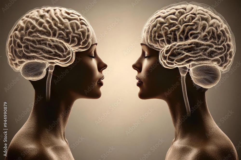 Elegant and minimalistic dual profiles with visible brain structures reflecting the complexity of thoughts Elegant and minimalistic dual profiles with visible brain structures reflecting the complexity of thoughts