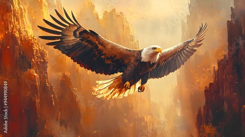 Wallpaper Mural Detailed eagle in mid-flight above a canyon, oil painting style with expressive brushstrokes, Hand brush painting, contrasting light and shadow, natural tones. Torontodigital.ca