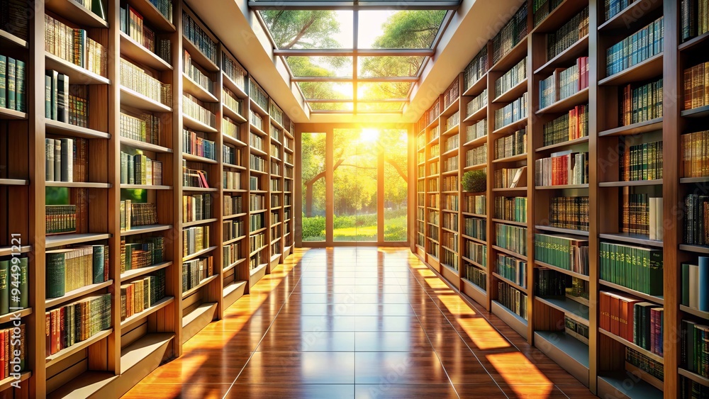 Sunlit library corridor with bookshelves, windows, and a tranquil atmosphere Sunlit library corridor with bookshelves, windows, and a tranquil atmosphere