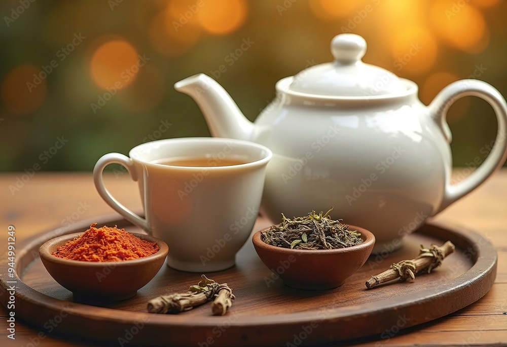 A white ceramic teapot and cup with various tea leaves and herbs in small bowls on a wooden tray A white ceramic teapot and cup with various tea leaves and herbs in small bowls on a wooden tray