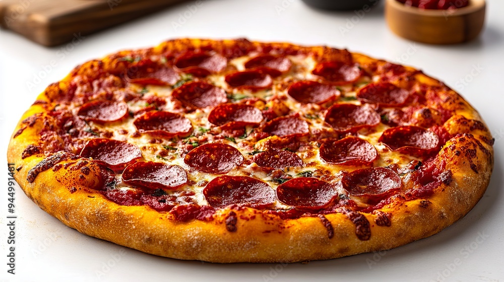 A pepperoni pizza sitting on top of a white table A pepperoni pizza sitting on top of a white table