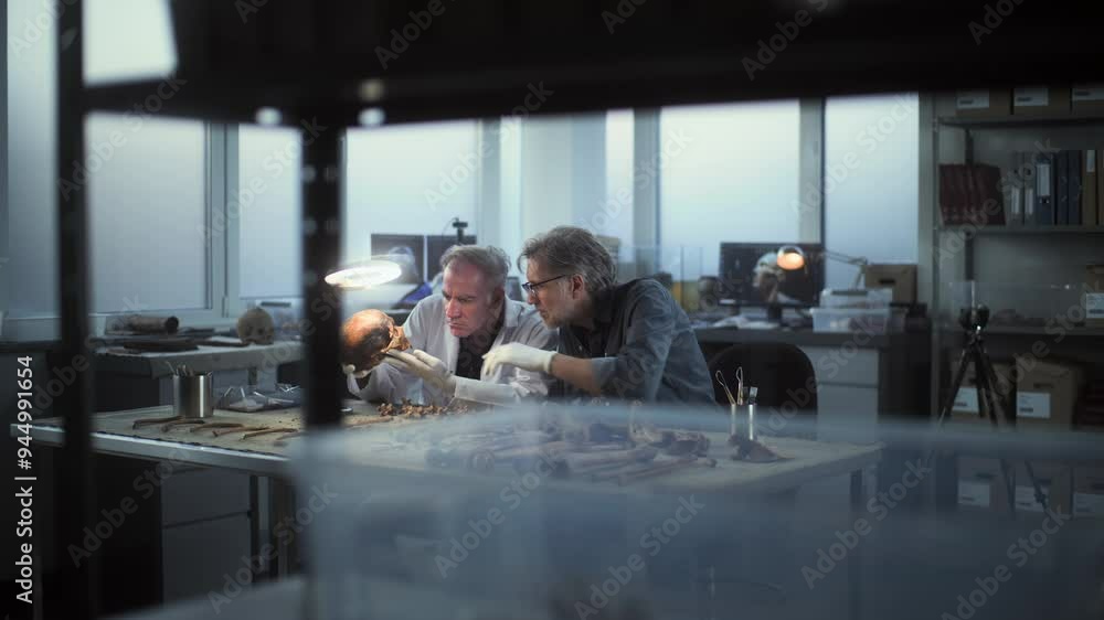 Archaeological Lab Video „Two archaeologists work in archaeological lab. Male scientists ...