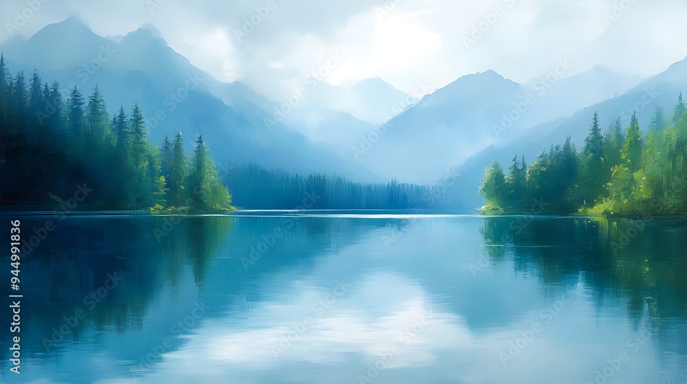 Lake surrounded by mountains and dense trees, with perfect reflections on smooth water, oil painting style, delicate hand brushwork, soft natural hues. Lake surrounded by mountains and dense trees, with perfect reflections on smooth water, oil painting style, delicate hand brushwork, soft natural hues.