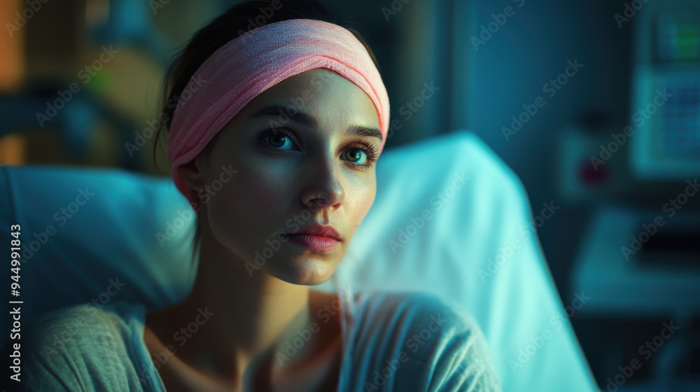 Emotive and tranquil photo of a woman in chemotherapy treatment, capturing the Emotive and tranquil photo of a woman in chemotherapy treatment, capturing the