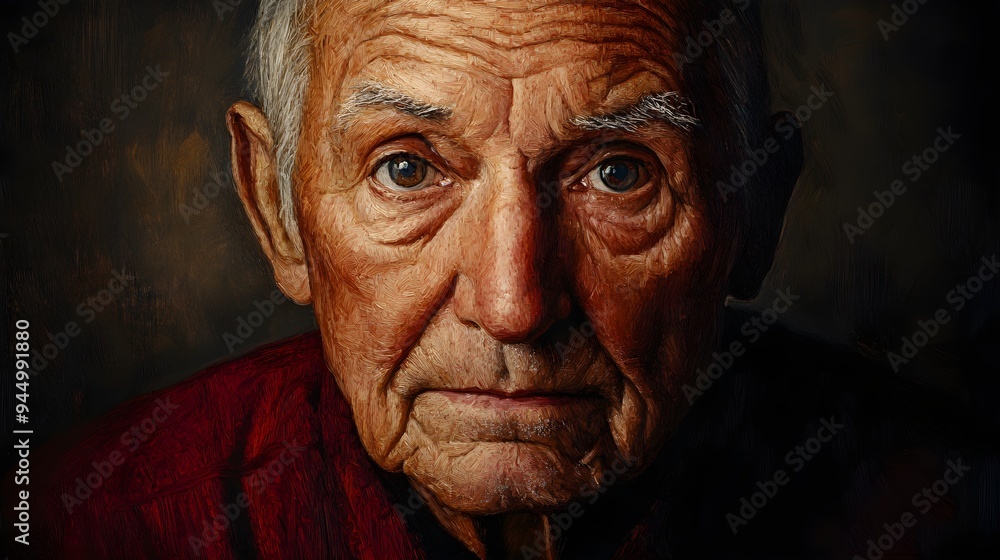 Portrait of an elderly man, detailed wrinkles created with heavy oil brushstrokes, traditional painting style, deep shadows, and warm hues. Portrait of an elderly man, detailed wrinkles created with heavy oil brushstrokes, traditional painting style, deep shadows, and warm hues.