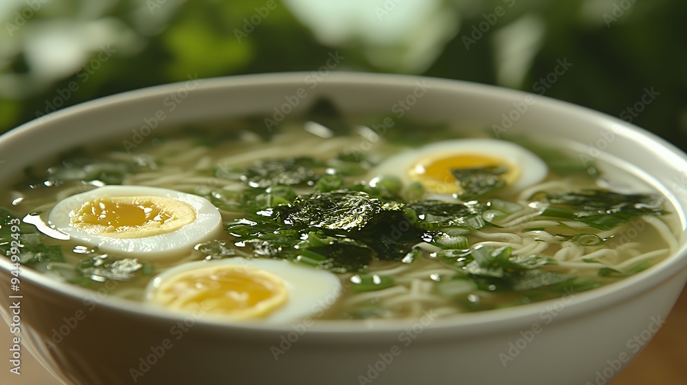 A bowl of ramen soup garnished with boiled eggs and herbs, ready to be enjoyed. A bowl of ramen soup garnished with boiled eggs and herbs, ready to be enjoyed.