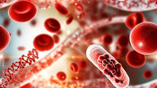 Microscope view capturing the dynamic interaction between erythrocytes and DNA within an artery, set against an abstract biology background