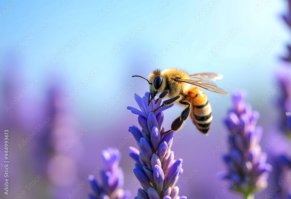 A close-up of a bee pollinating purple lavender flowers in a field A close-up of a bee pollinating purple lavender flowers in a field