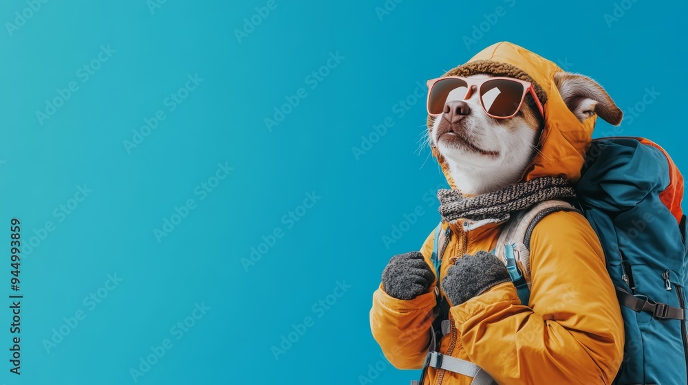 Dog wearing sunglasses jacket and backpack on blue background Dog wearing sunglasses jacket and backpack on blue background