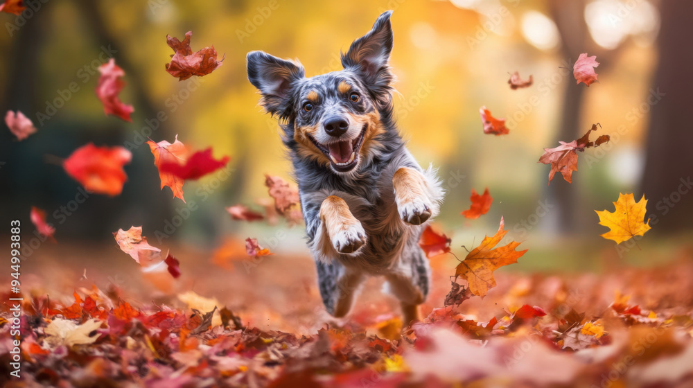 Excited dog mid-leap out of a colorful pile of autumn leaves, with red and yellow hues filling Excited dog mid-leap out of a colorful pile of autumn leaves, with red and yellow hues filling