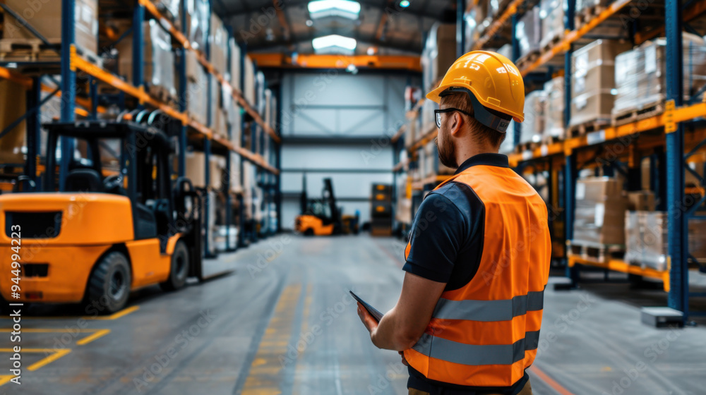 A warehouse worker in a hard hat and safety vest inspects warehouse operations using a tablet, with forklifts in the background. A warehouse worker in a hard hat and safety vest inspects warehouse operations using a tablet, with forklifts in the background.