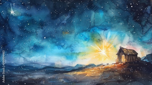 The joyful atmosphere of the Nativity, featuring a stable bathed in the warm light of a bright star against a starry background