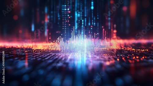 Double exposure image of a voiceprint waveform fused with glowing AI circuits, symbolizing advanced voice recognition systems photo