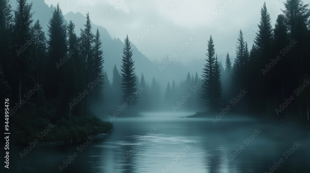 Fototapeta premium Misty Serene Forest Scene with Flowing Water Reflection