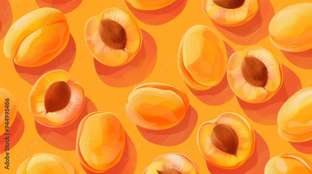 The bright orange background showcases vibrant apricot halves, evoking a cheerful and summery vibe ideal for culinary themes and graphic designs The bright orange background showcases vibrant apricot halves, evoking a cheerful and summery vibe ideal for culinary themes and graphic designs