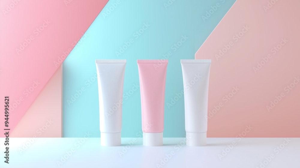 Neatly Arranged Pastel Cosmetic Tubes on Minimal Color Background Neatly Arranged Pastel Cosmetic Tubes on Minimal Color Background