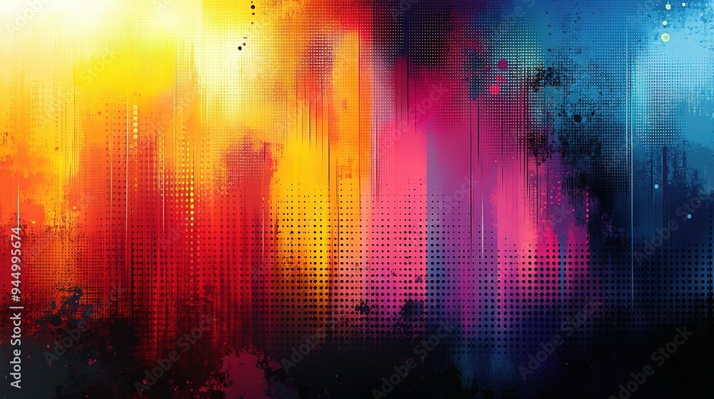 Abstract digital art with a blend of yellow, red, pink, and blue hues, featuring a grid pattern and distressed texture. Abstract digital art with a blend of yellow, red, pink, and blue hues, featuring a grid pattern and distressed texture.