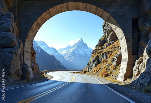 A winding mountain road through a tunnel with a scenic view of snow-capped mountains and a blue sky in the background