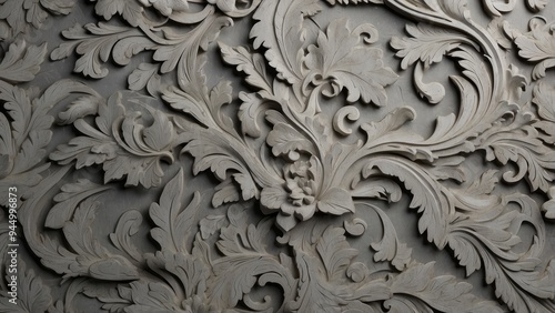 Intricate Floral Relief Carving on Grey Stone