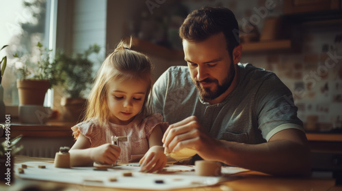 Father and daughter engaged in a creative craft project at home, captured with a warm,