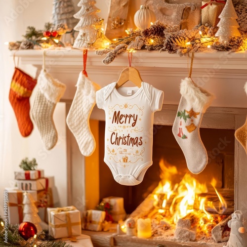 White baby bodysuit with a "Merry Christmas" print, hanging on a mantel above a glowing fireplace, surrounded by stockings and holiday decor