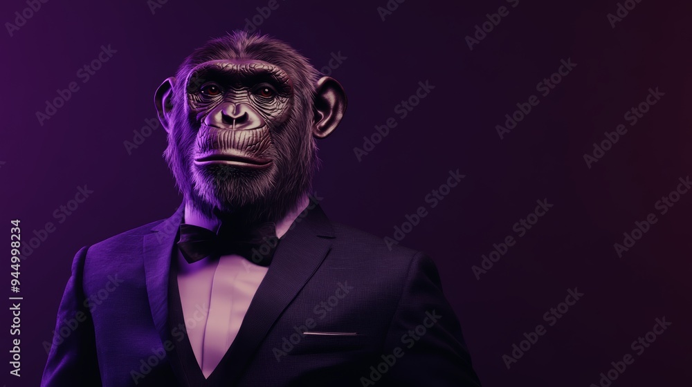 Chimpanzee in Suit and Bow Tie Purple Background Portrait Chimpanzee in Suit and Bow Tie Purple Background Portrait