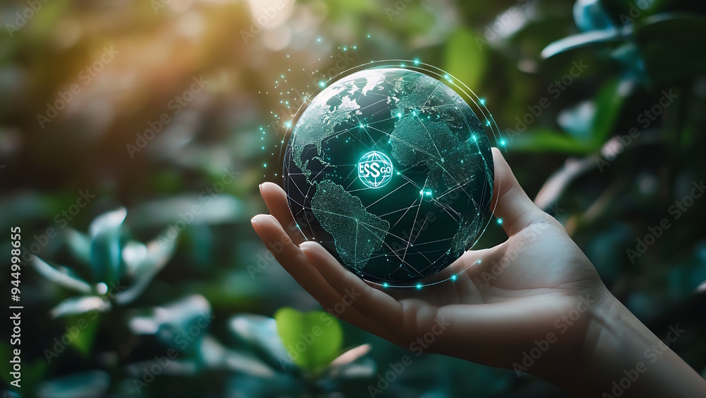 A hand holds a globe with a digital network, surrounded by green plants. A hand holds a globe with a digital network, surrounded by green plants.