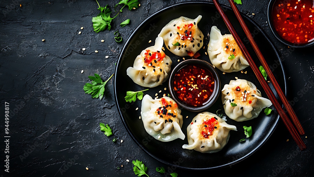 A plate of dumplings with red sauce, sesame seeds and coriander leaves, set against a black natural stone backdrop. A plate of dumplings with red sauce, sesame seeds and coriander leaves, set against a black natural stone backdrop.