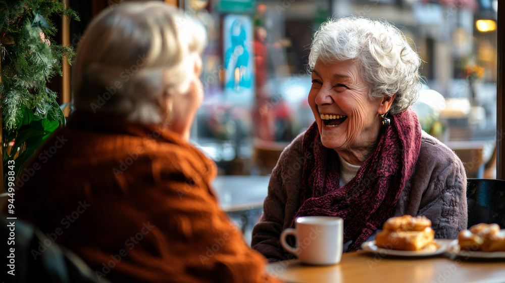 Two Senior Women Enjoying Coffee and Conversation in a Cozy Cafe Two Senior Women Enjoying Coffee and Conversation in a Cozy Cafe