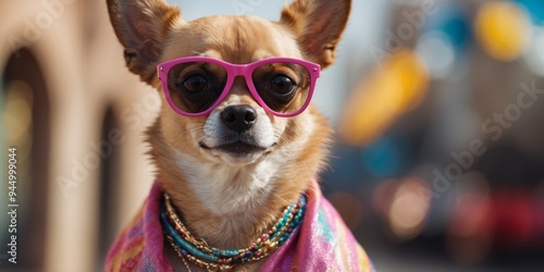 Fashionable chihuahua with sunglasses in a colorful outfit.