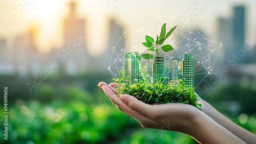 Two hands hold a green plant and a digital structure over a city skyline.
