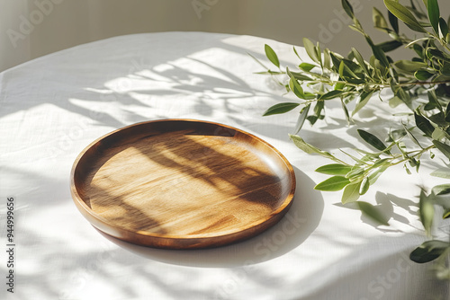 Summer wedding still life. Wooden plate and tray in sunlight with olive tree branches on a white table