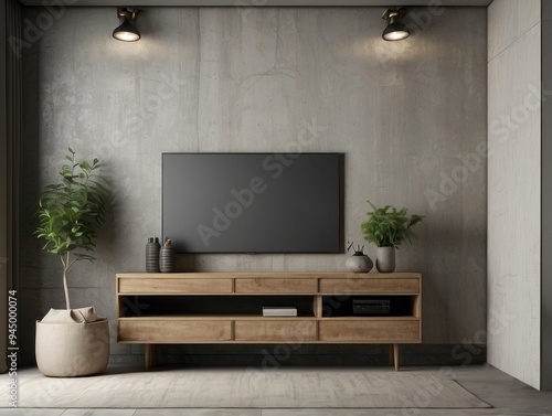 Modern Living Room with Concrete Wall and Wooden Entertainment Center